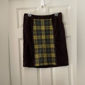 Anthropologie Maeve Brown Corduroy with Green Plaid panel Lined Skirt Preppy 6
